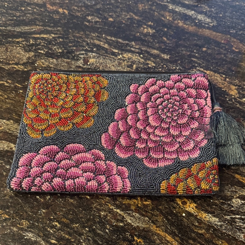 Antik Kraft Pink and Orange Floral Beaded Clutch